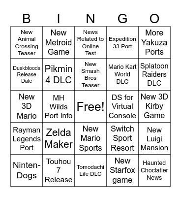 Nintendo Direct 2026 Bingo Card