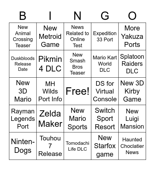 Nintendo Direct 2026 Bingo Card