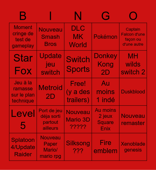 Nintendo Direct Bingo Card
