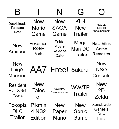 tendo Bingo Card