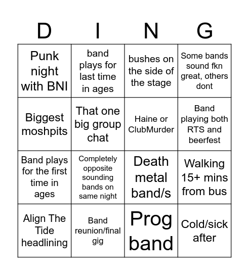 Metal/Rock/Punk Beerfest bingo Card