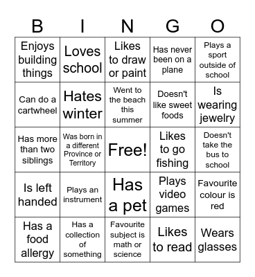 First Day of School Bingo Card