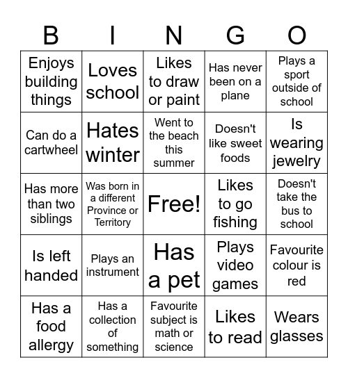 First Day of School Bingo Card