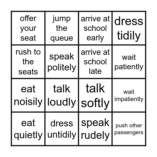 Good / Bad Manners Bingo Card