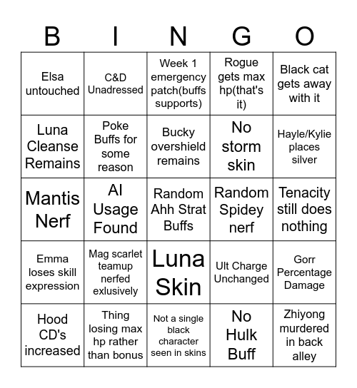 Rivals season 10 Bingo Card