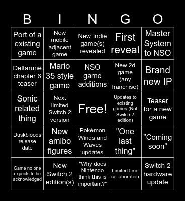 General Nintendo Direct Bingo Card