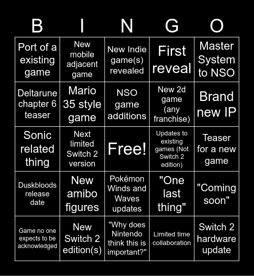 General Nintendo Direct Bingo Card