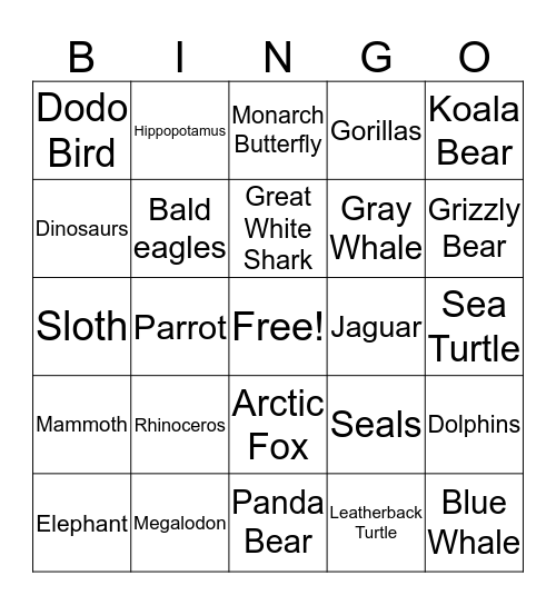 Extinct/Endangered Animals Bingo Card