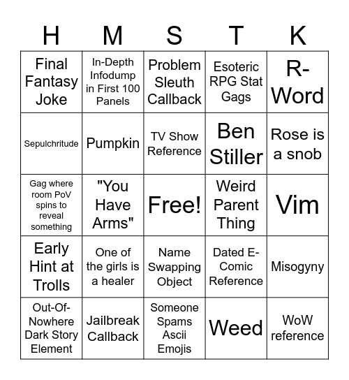 Homestuck Act One Bingo Card