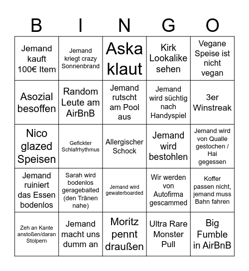 Urlaub Bingo Card