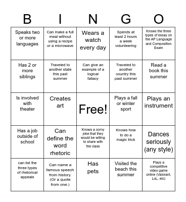 AP Lang Icebreaker Bingo Card