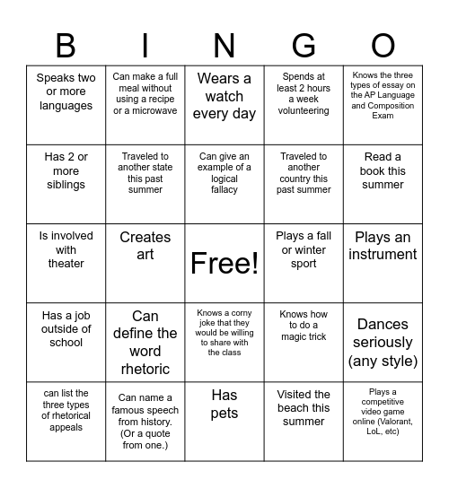 AP Lang Icebreaker Bingo Card
