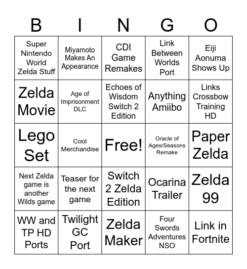 Zelda Direct Bingo Card