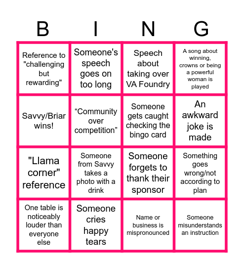 VA Awards Bingo Card