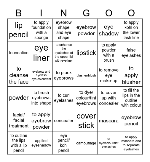 Make-up products and to put make-up on Bingo Card