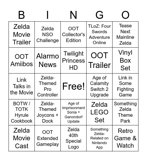 Legend of Zelda Direct Predictions - 9/8/26 Bingo Card