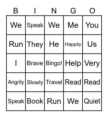 Parts Of Speech Bingo Card