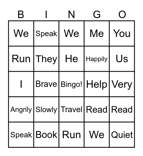 Parts Of Speech Bingo Card