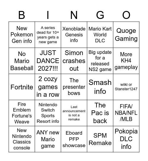 C2GS Eboard 9/9 Nintendo Direct Bingo Board Bingo Card