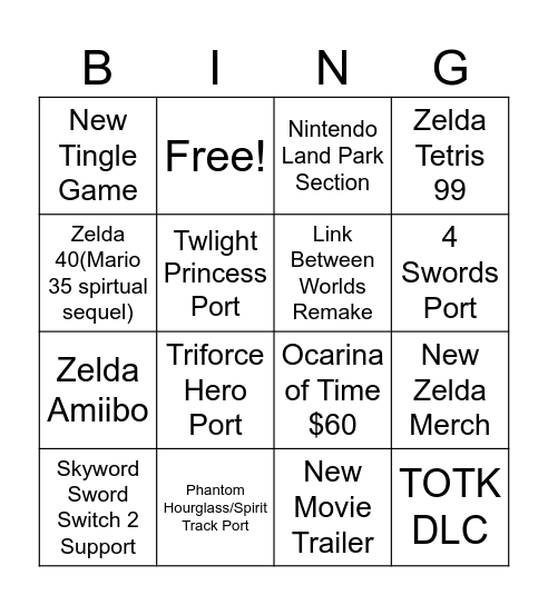 Zelda Direct 2026 Bingo Card