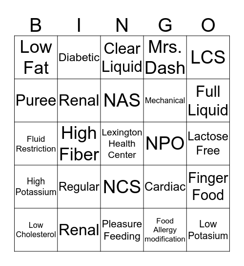 Different Diets and Cosistencies Bingo Card