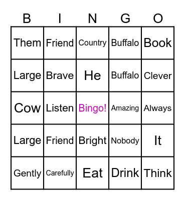 Parts of Speech Bingo Card