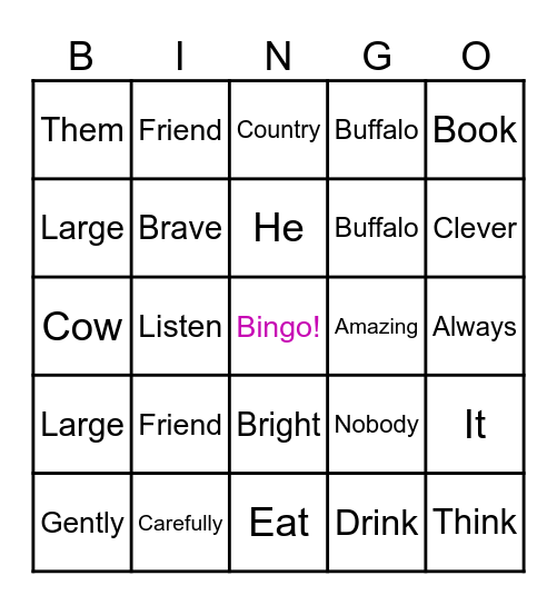 Parts of Speech Bingo Card