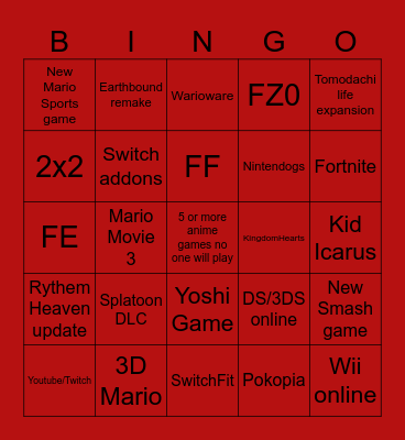 Nintendo Direct Bingo Card