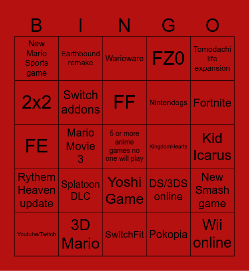 Nintendo Direct Bingo Card