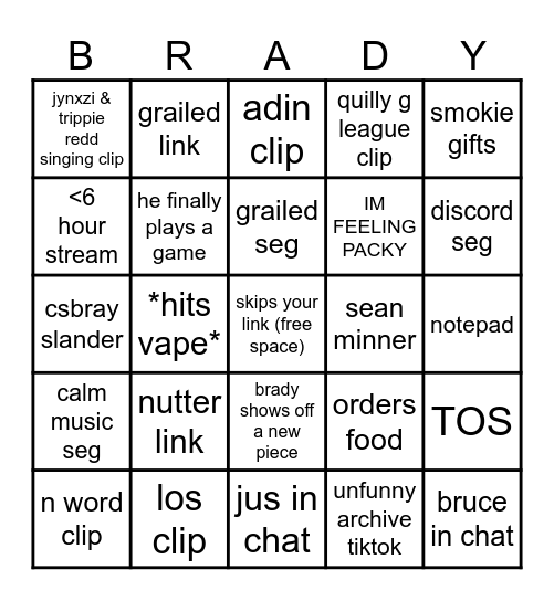 BRADYGOO BINGO (by quillygoo) Bingo Card