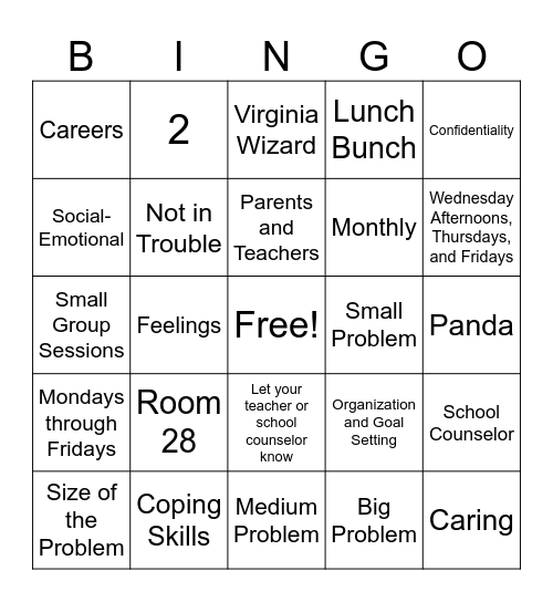 School Counseling Bingo Card