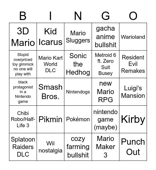 Nintendo Direct Bingo Card