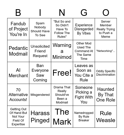 VAC Mod Bingo Card