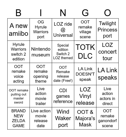 LOZ Direct Bingo 9/8/2026 Bingo Card
