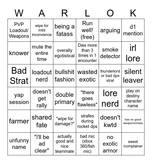 Destiny 2 Lfg Bingo Card