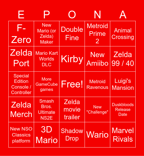 Nintendo / Zelda Direct(s) Bingo Card