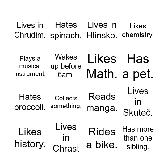 Getting to know you Bingo Card
