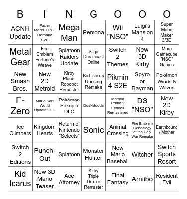 Nintendo Direct 9-9-2026 Bingo (7x7 Version) Bingo Card