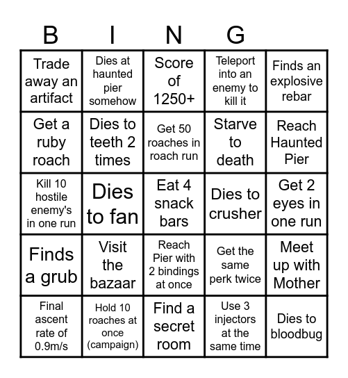 White Knuckle Bingo Card