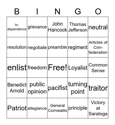 The Revolutionary War Bingo Card