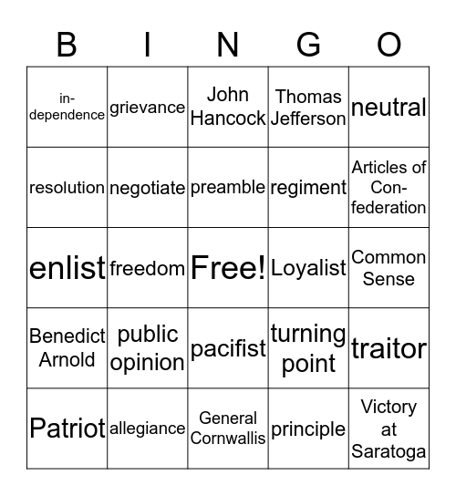 The Revolutionary War Bingo Card