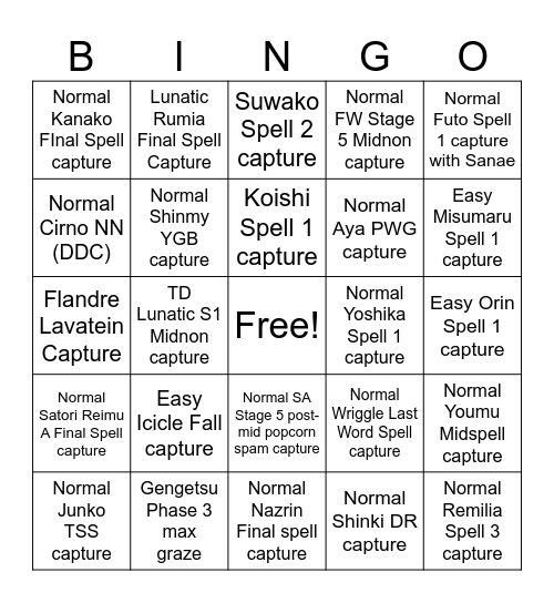 Touhou beginner STG bingo Card