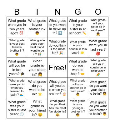 B13 L2 What grade conversation questions Bingo Card