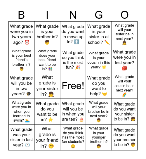 B13 L2 What grade conversation questions Bingo Card