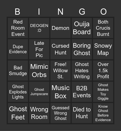 Phasmophobia Bingo Card