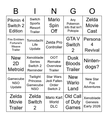 Nintendo Directs September 26 Bingo Card