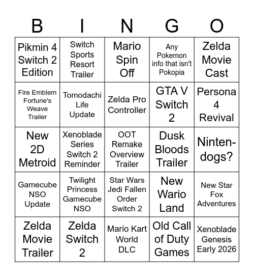 Nintendo Directs September 26 Bingo Card