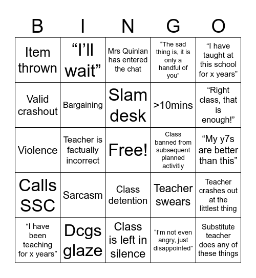 Teacher crashout bingo Card