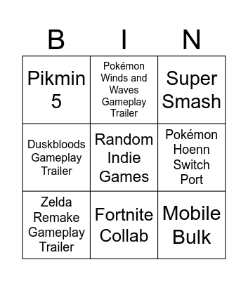 Nintendo Direct Bingo Card