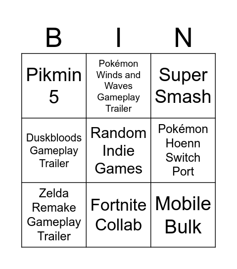 Nintendo Direct Bingo Card
